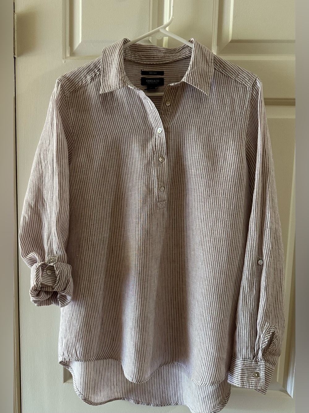 Jones New York Beige and White Striped 100% linen blouse w/ roll tab sleeve (M)